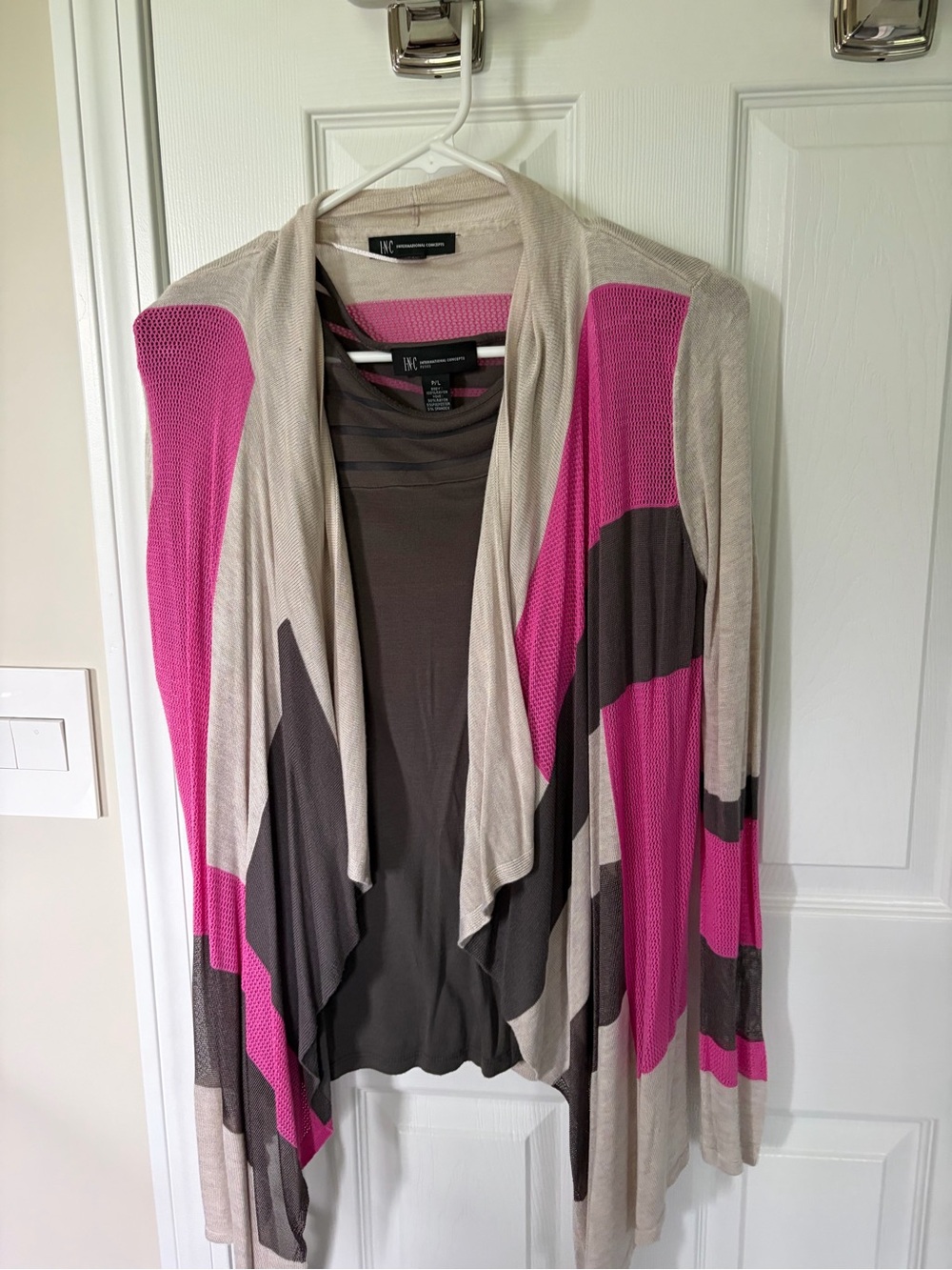 INC International Concepts Cream, Pink & Gray Draped Open-Front Cardigan